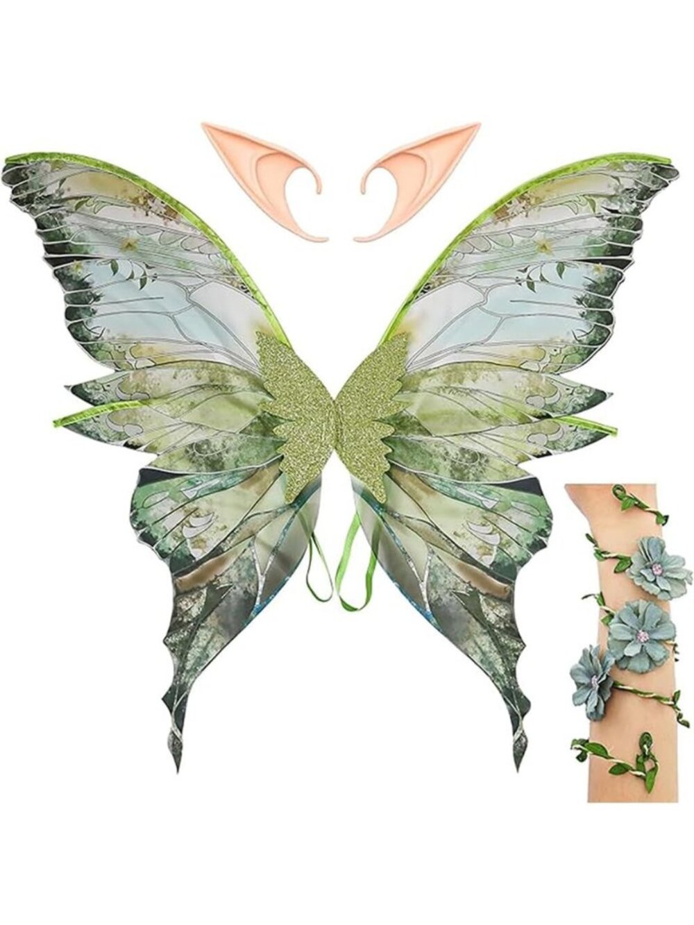 Enchanting Fairy Wings Set for Adults - Elf Ears & Flower Arm Wrap for Cosplay